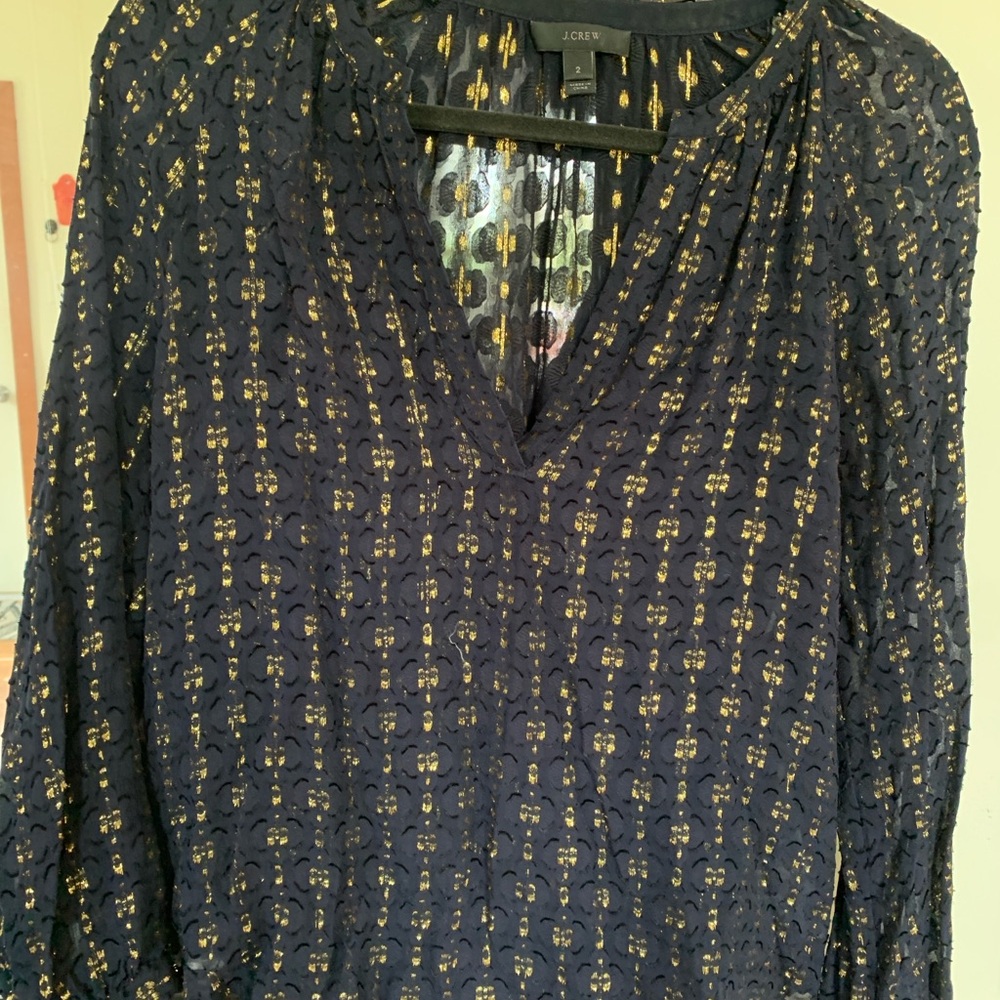 J. Crew Navy/Gold Sheer Blouse 3/4 sleeve